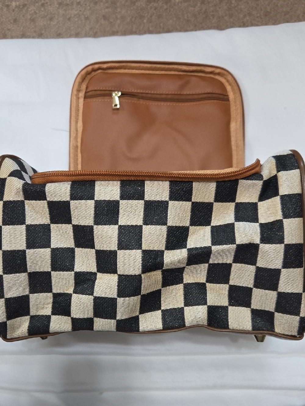Men's Checkerboard Toiletry Bag in Black and Tan